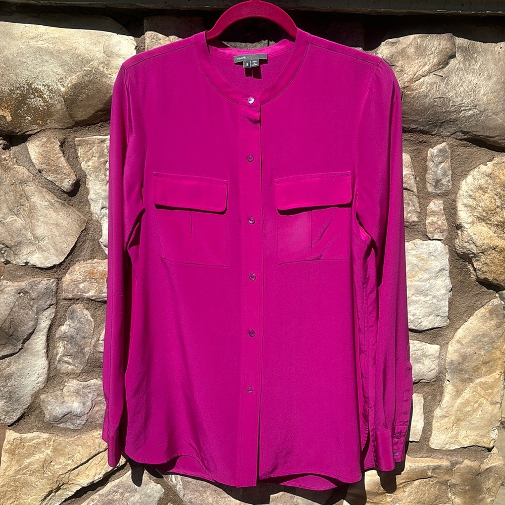 Vince Silk Blouse Button Down Shirt Long Sleeve Magenta Size 8